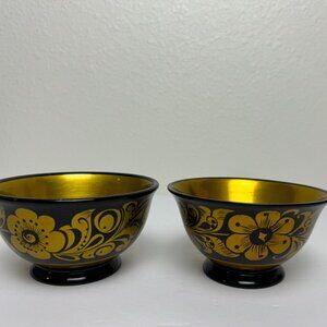 NEW Vintage Russian Black & Golden Khokhloma Laquered Wood Trinket Bowl Set of 2